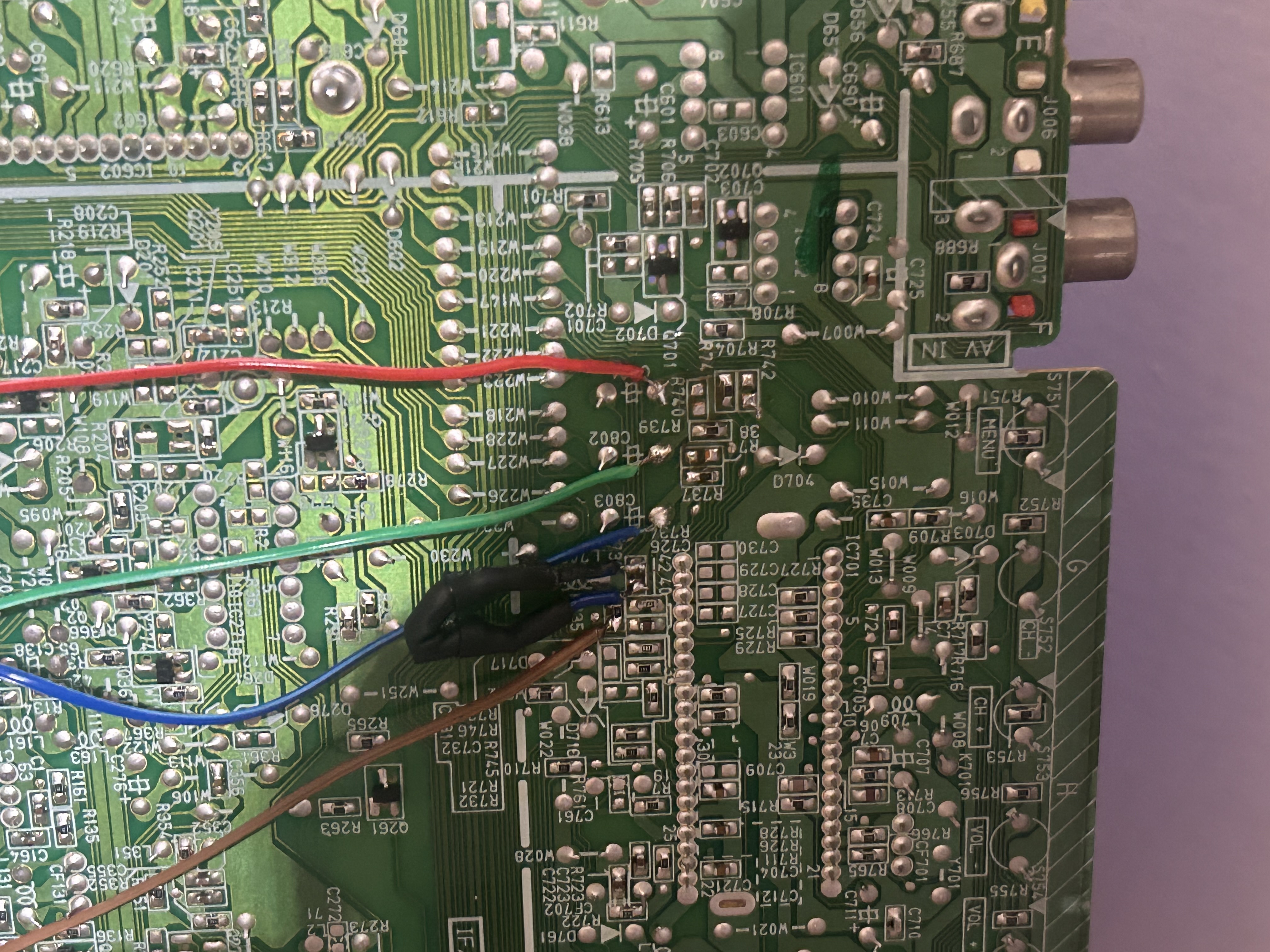 Closeup of soldered RGB pads
